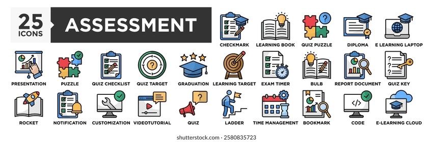 Assessment icon collection set. Containing design, Assessment Checkmark, Learning Book, Quiz Puzzle, Diploma, E Learning Laptop