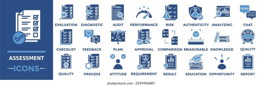Assessment icon collection set. Containing evaluation, diagnostic, analyzing, requirement, risk, checklist, feedback and more. Solid vector icons collection