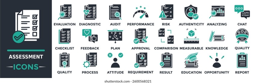 Assessment icon collection set. Containing evaluation, diagnostic, analyzing, requirement, risk, checklist, feedback and more. Solid vector icons collection