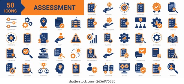 Conjunto de colecciones de íconos de evaluación. Contiene garantía, objetivo, lista de comprobación, validez, conclusión, evaluación, objetivo, calidad, estándar, estrategia, resultado, verificación, icono de auditoría. Vector plano simple