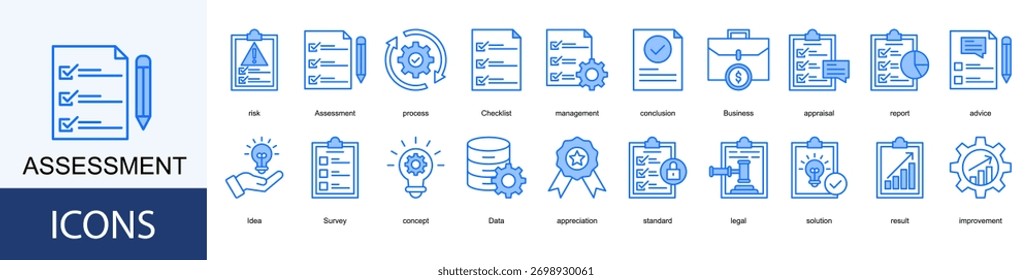 Conjunto de colecciones de íconos de evaluación. Contiene riesgo, proceso, lista de comprobación, gestión, conclusión, negocio, evaluación, icono de informe