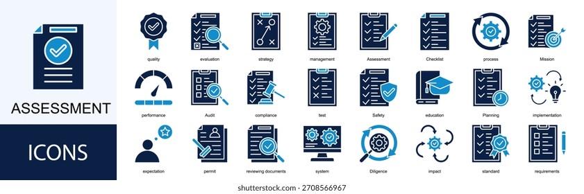 assessment icon collection set. Containing quality, evaluation, strategy, management, process, Mission icon. Simple line vector