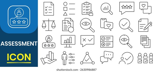 Conjunto de coleta de ícones de avaliação. Avaliação, definição de ícones da Web de avaliação. Auditoria, análise, plano, avaliação, resultado, meta, apresentação, relatório, resultados, satisfação, classificação, prêmio. Ilustração vetorial.