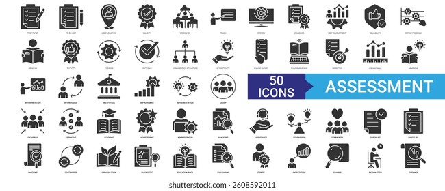 Assessment icon collection set with test paper, to do list, user location, validity, workshop