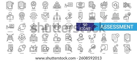 Assessment icon collection set with test paper, to do list, user location, validity, workshop