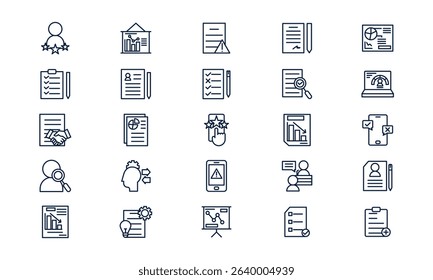 Assessment icon depicting evaluation process, performance review, and checklist analysis in outline style