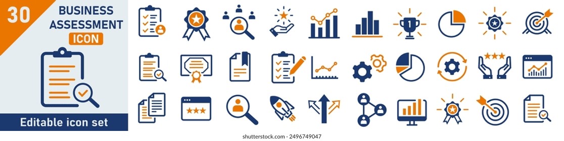 Assessment icon set. Set of 30 outline icons related to assessment, performance, evaluation, graphs. Linear icon collection. Assessment outline icons collection. Editable stroke. Vector illustration.