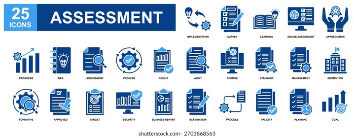 Assessment icon set collection. Containing design Implementation, Online Assessment, Approved, Learning, Examination