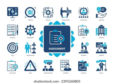 Symbolsatz für Bewertung. Kommunikation, Ziel, Audit, Messung, Prozess, Risiken, Lösung, Analyse, Ergebnis. Duotone-Farbsymbole