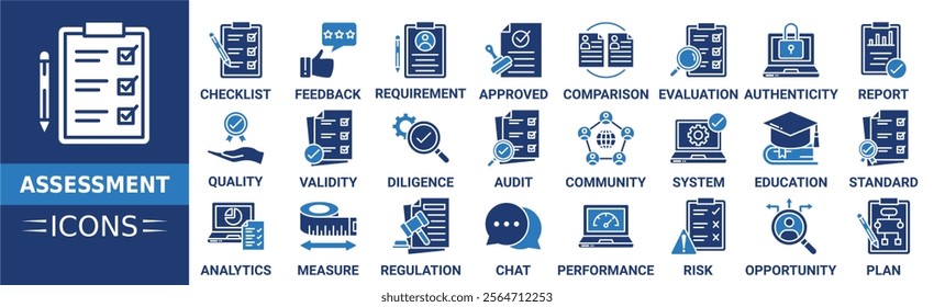 Assessment icon set. Containing checklist, feedback, requirement, approved, comparison, evaluation, authenticity, report and more. Solid vector icons collection