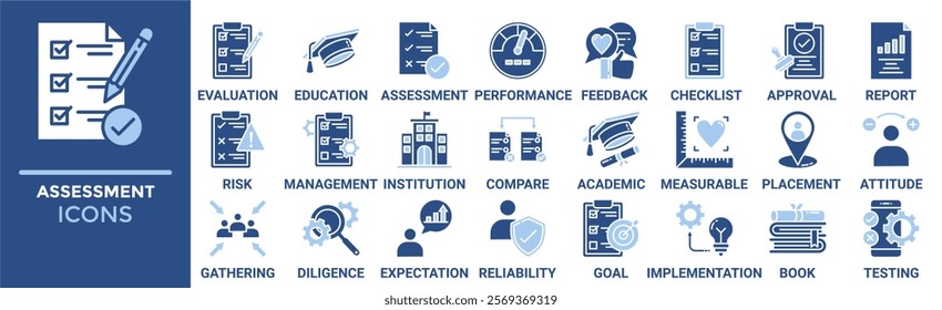 Assessment icon set. Containing evaluation, education, performance, feedback, checklist, approval, report, risk and more. Solid vector icons collection 