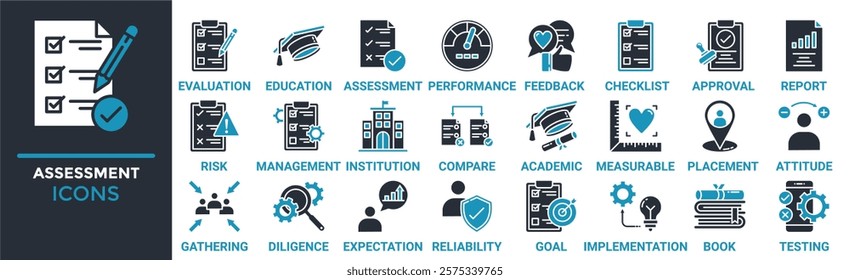 Assessment icon set. Containing evaluation, education, performance, feedback, checklist, approval, report, risk and more. Solid vector icons collection