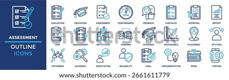 Assessment icon set. Containing evaluation, education, performance, feedback, checklist, approval, report, risk and more. Outline vector icons collection