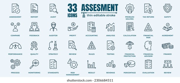 Assessment icon set. Containing financial statement, audit, financial report, invoice. Pixel perfect 64x64. Editable Strokes 