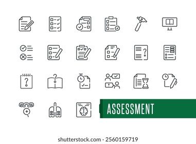 Assessment icon set. It contains symbols to info, check, grade, training, list, education and more. Minimalist web icons. Editable vector stroke.