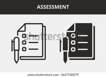 Assessment Icon Set Double Style Collection. Contains Outline and Glyph Style Icons. Assessment Outline and Glyph Style Icon Collections
