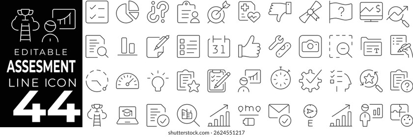 Assessment icon set with editable stroke. Evaluation and assessment thin line icon collection. Vector illustration