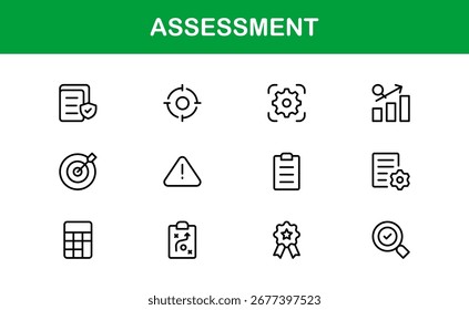 Conjunto de iconos de evaluación con símbolos de evaluación, prueba, calificación y análisis en estilo de línea de Vector