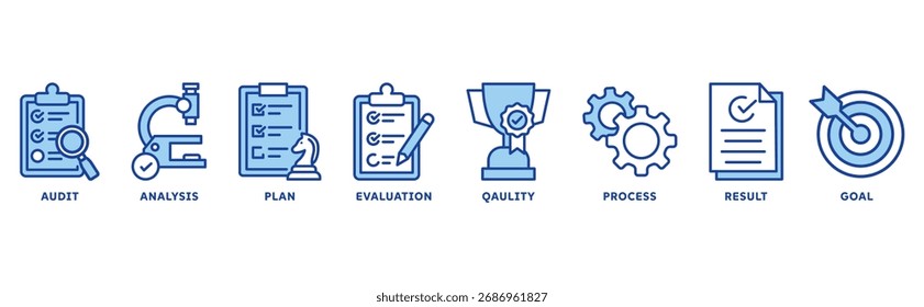 Ícone de avaliação definir conceito de ilustração com ícone de auditoria, análise, plano, avaliação, qualidade, processo, resultados, meta