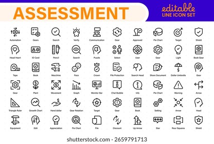 Conjunto de iconos de evaluación. Incluye iconos para evaluaciones, auditorías, revisiones financieras, informes de inspección, puntuación de rendimiento, clasificación y herramientas de análisis de riesgos.
