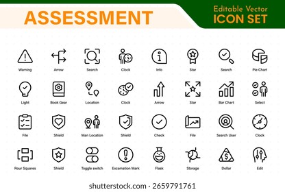 Assessment icon set. Includes icons for evaluations, audits, financial reviews, inspection reports, performance scoring, grading, and risk analysis tools.