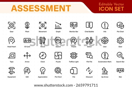 Assessment icon set. Includes icons for evaluations, audits, financial reviews, inspection reports, performance scoring, grading, and risk analysis tools.