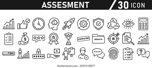 Assessment icon set. Icon in liner style for mobile app and website. Research, graph, trophy, analysis, growth, fingerprint. Vector illustration.