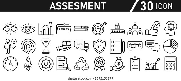 Assessment icon set. Icon in liner style for mobile app and website. Research, graph, trophy, analysis, growth, fingerprint. Vector illustration.