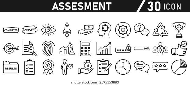 Assessment icon set. Icon in liner style for mobile app and website. Research, graph, trophy, analysis, growth, fingerprint. Vector illustration.