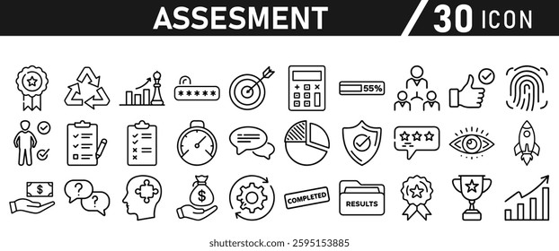 Assessment icon set. Icon in liner style for mobile app and website. Research, graph, trophy, analysis, growth, fingerprint. Vector illustration.