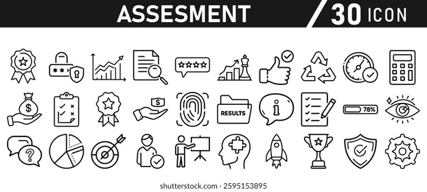 Assessment icon set. Icon in liner style for mobile app and website. Research, graph, trophy, analysis, growth, fingerprint. Vector illustration.