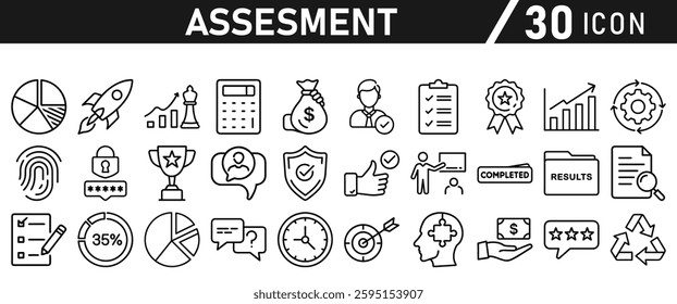 Assessment icon set. Icon in liner style for mobile app and website. Research, graph, trophy, analysis, growth, fingerprint. Vector illustration.