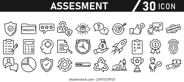 Assessment icon set. Icon in liner style for mobile app and website. Research, graph, trophy, analysis, growth, fingerprint. Vector illustration.