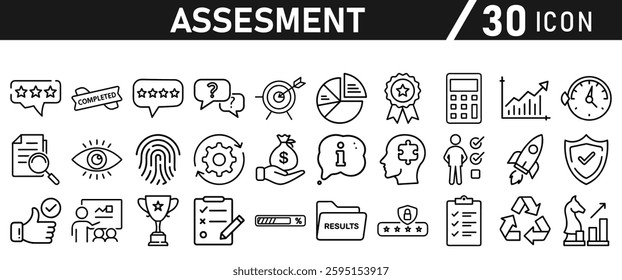 Assessment icon set. Icon in liner style for mobile app and website. Research, graph, trophy, analysis, growth, fingerprint. Vector illustration.