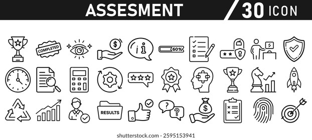 Assessment icon set. Icon in liner style for mobile app and website. Research, graph, trophy, analysis, growth, fingerprint. Vector illustration.