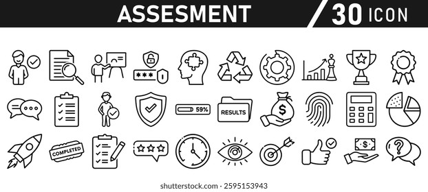 Assessment icon set. Icon in liner style for mobile app and website. Research, graph, trophy, analysis, growth, fingerprint. Vector illustration.