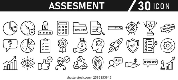 Assessment icon set. Icon in liner style for mobile app and website. Research, graph, trophy, analysis, growth, fingerprint. Vector illustration.