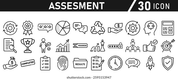 Assessment icon set. Icon in liner style for mobile app and website. Research, graph, trophy, analysis, growth, fingerprint. Vector illustration.