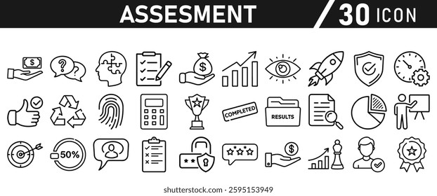 Assessment icon set. Icon in liner style for mobile app and website. Research, graph, trophy, analysis, growth, fingerprint. Vector illustration.