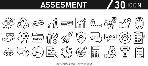 Assessment icon set. Icon in liner style for mobile app and website. Research, graph, trophy, analysis, growth, fingerprint. Vector illustration.