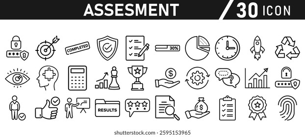 Assessment icon set. Icon in liner style for mobile app and website. Research, graph, trophy, analysis, growth, fingerprint. Vector illustration.