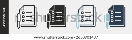 Assessment Icon Set Multiple Style Collection. Contains Outline, Glyph, Outline Blue and Glyph Blue Style Icons