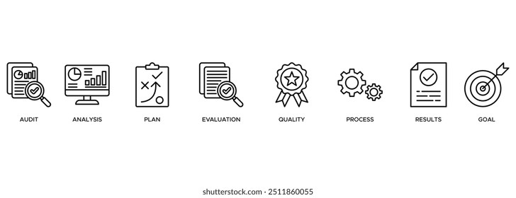 Assessment icon set vector illustration banner web with audit, analysis, plan, evaluation, quality, process, results and goal