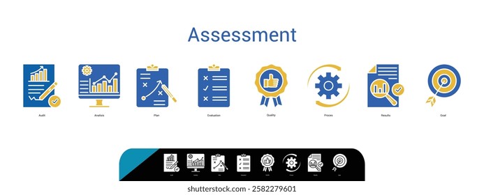 Assessment icon set vector illustration banner web with audit, analysis, plan, evaluation, quality, process, results and goal