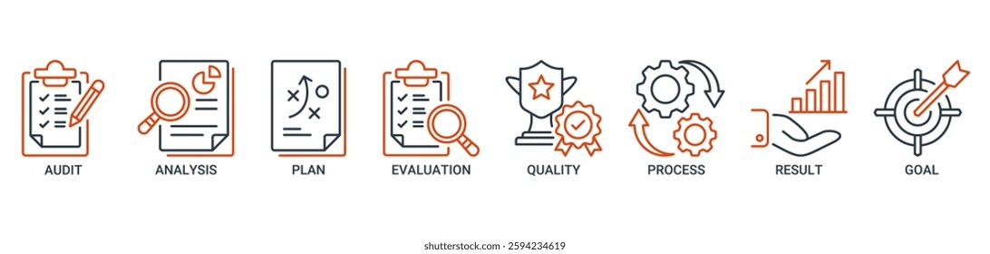 Assessment icon set vector illustration with icon of audit, analysis, plan, evaluation, quality, process, results and goal icons. Outline vector symbol background.
