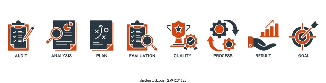 Assessment icon set vector illustration with icon of audit, analysis, plan, evaluation, quality, process, results and goal icons. Solid color vector symbol background.