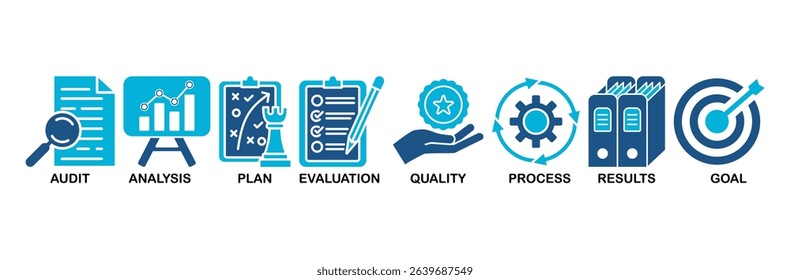 Assessment icon set vector illustration for accreditation and evaluation method on business and education with audit, analysis, plan, evaluation, quality,process,results and goal icon