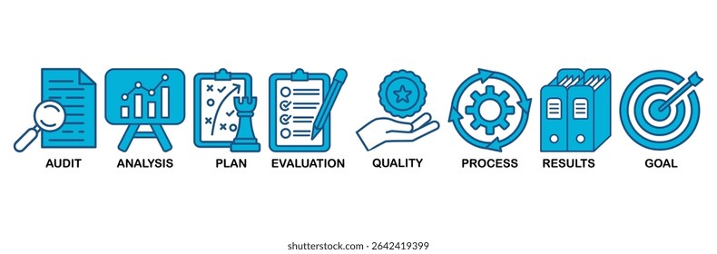 Ícone de avaliação define ilustração vetorial para o método de capacitação e avaliação em negócios e educação com auditoria, análise, planejamento, avaliação, qualidade, processo, resultados e ícone de meta