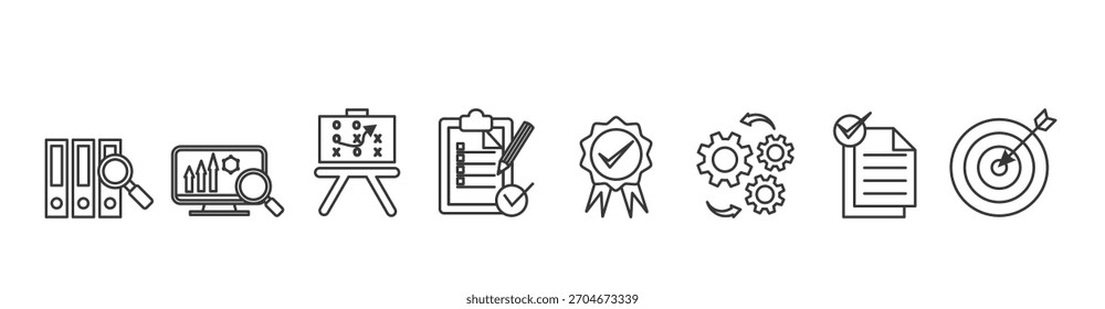 Conjunto de iconos de evaluación Ilustración vectorial para educación con ícono de auditoría, análisis, Plan, evaluación, calidad, proceso, resultados y objetivo