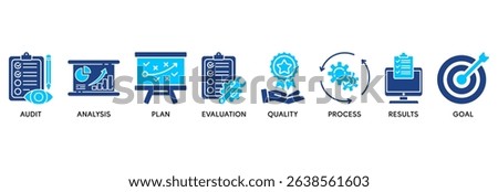 Assessment icon set vector illustration concept relate to accreditation and evaluation method on business and education with audit, analysis, plan, evaluation, quality, process, results and goal icon